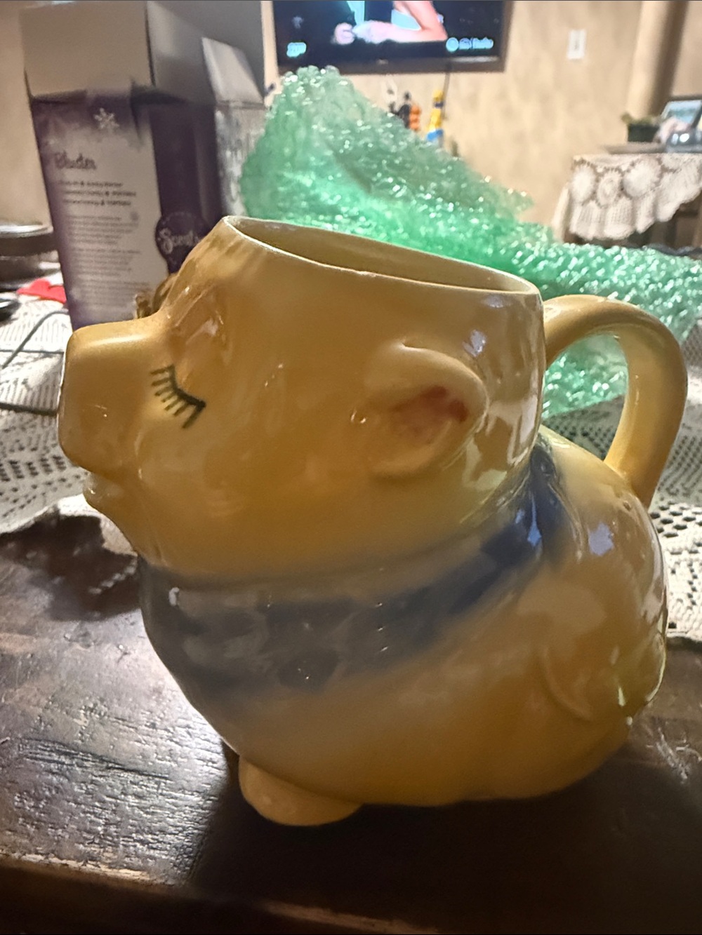 Shawnee USA Yellow Ceramic Pig Creamer with Blue Collar Accent - Home Accents